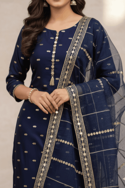 3pc Unstich Full Heavy Embroidered suit - Nevy Blue