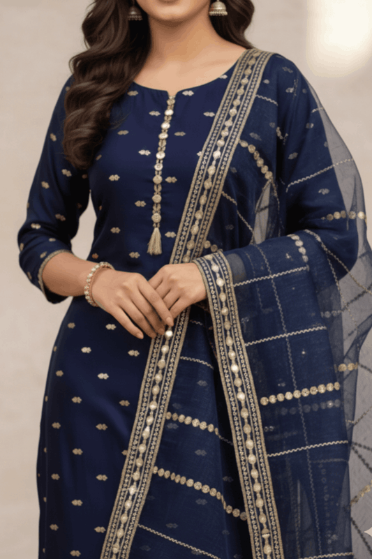 3pc Unstich Full Heavy Embroidered suit - Nevy Blue