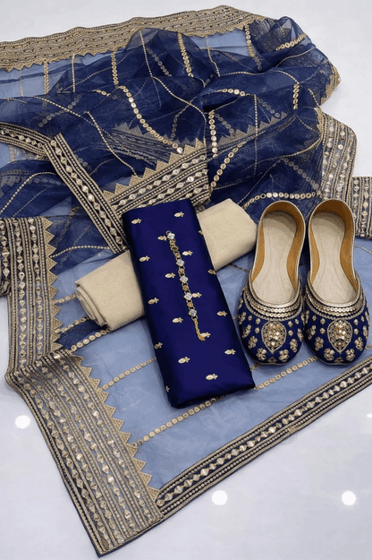 3pc Unstich Full Heavy Embroidered suit - Nevy Blue