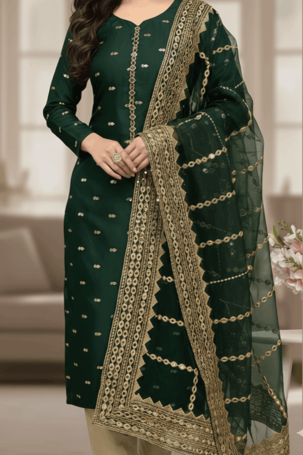 3pc Unstich Full Heavy Embroidered - Bottle Green