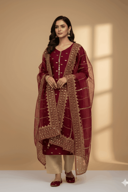 3pc Unstich Full Heavy Embroidered - Mehroon