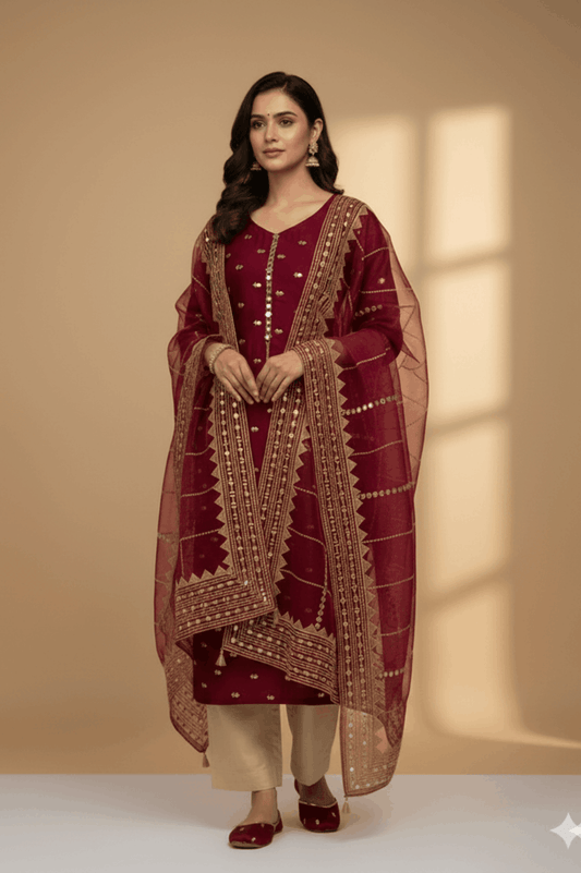 3pc Unstich Full Heavy Embroidered - Mehroon