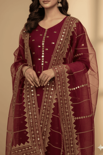 3pc Unstich Full Heavy Embroidered - Mehroon