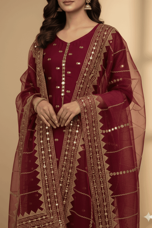 3pc Unstich Full Heavy Embroidered - Mehroon
