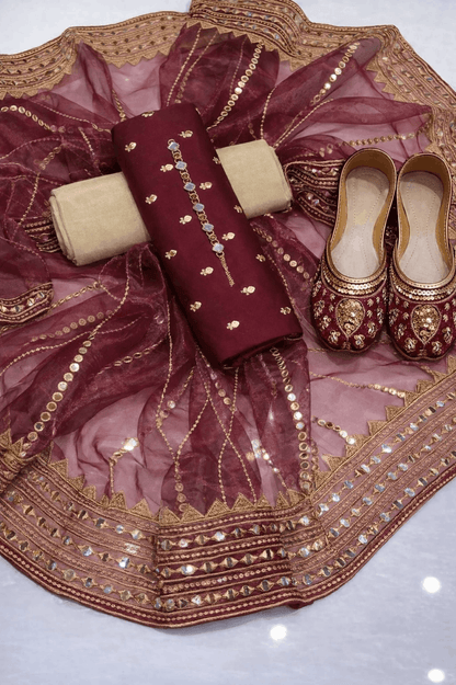 3pc Unstich Full Heavy Embroidered - Mehroon