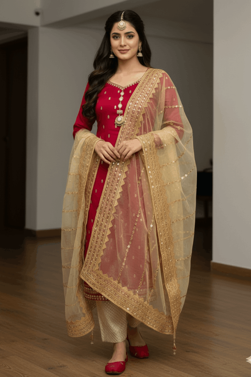 3pc Unstich Full Heavy Embroidered - Skin Red