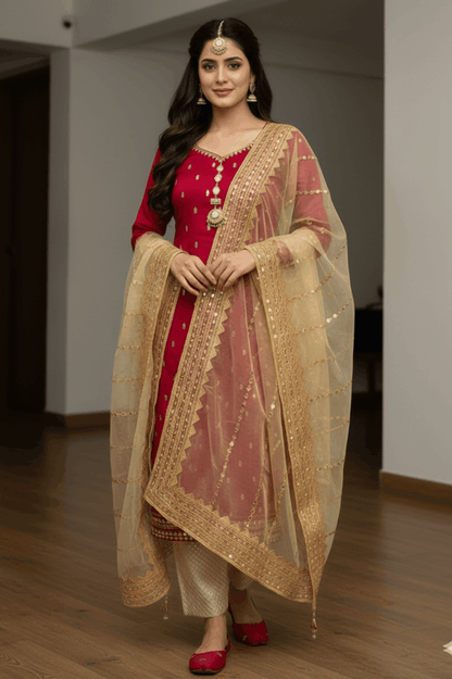 3pc Unstich Full Heavy Embroidered - Skin Red