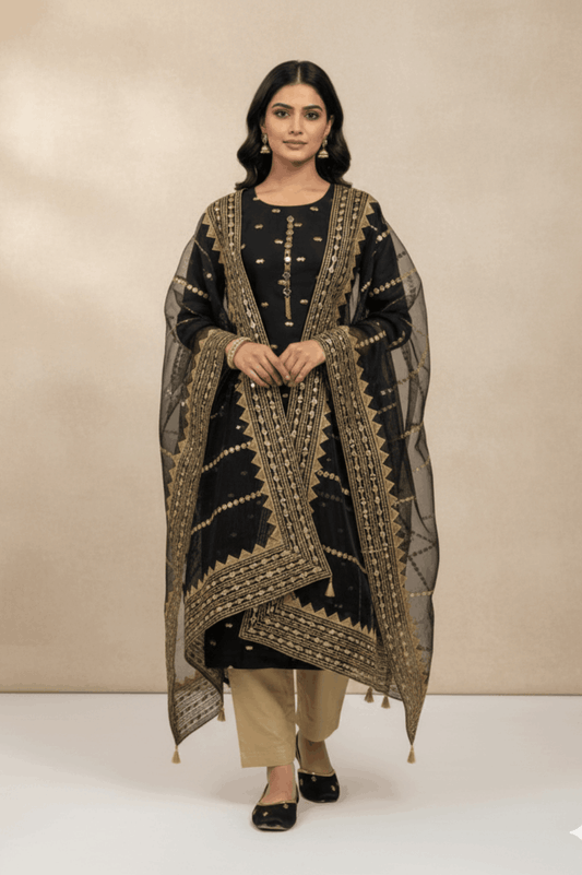 3pc Unstich Full Heavy Embroidered - Black