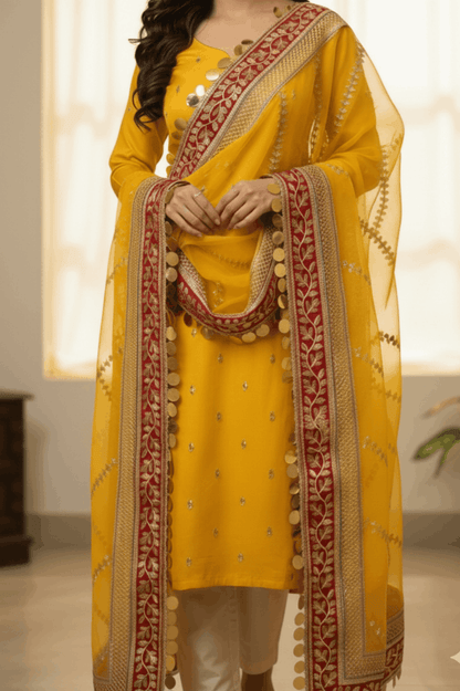 3pc Unstich Full Heavy Embroidered - Yellow