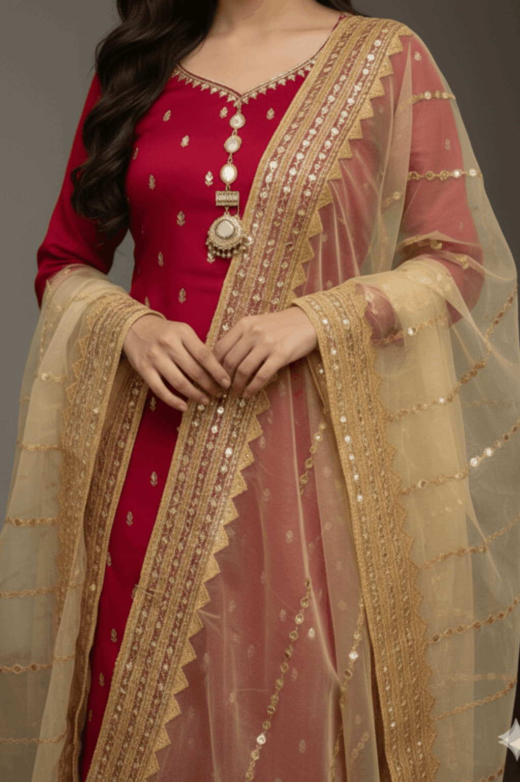 3pc Unstich Full Heavy Embroidered - Skin Red