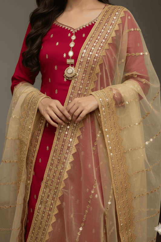 3pc Unstich Full Heavy Embroidered - Skin Red