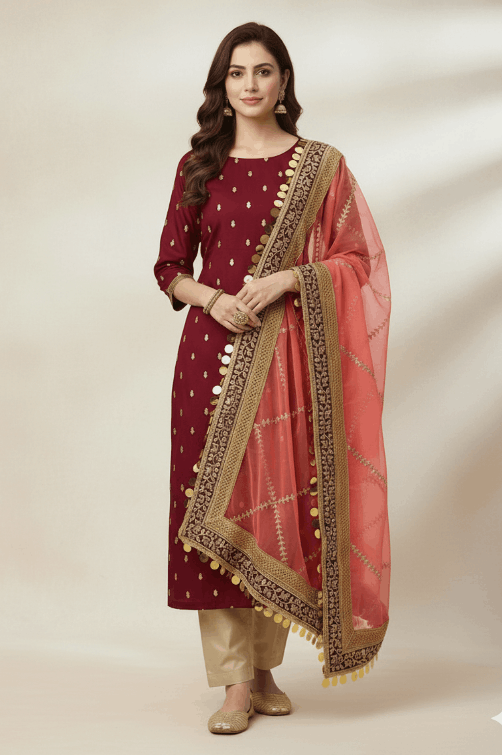 3pc Unstich Full Heavy Embroidered - T Pink Mehroon