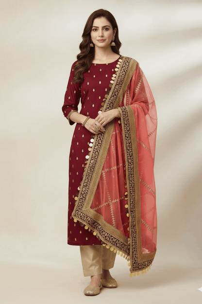 3pc Unstich Full Heavy Embroidered - T Pink Mehroon