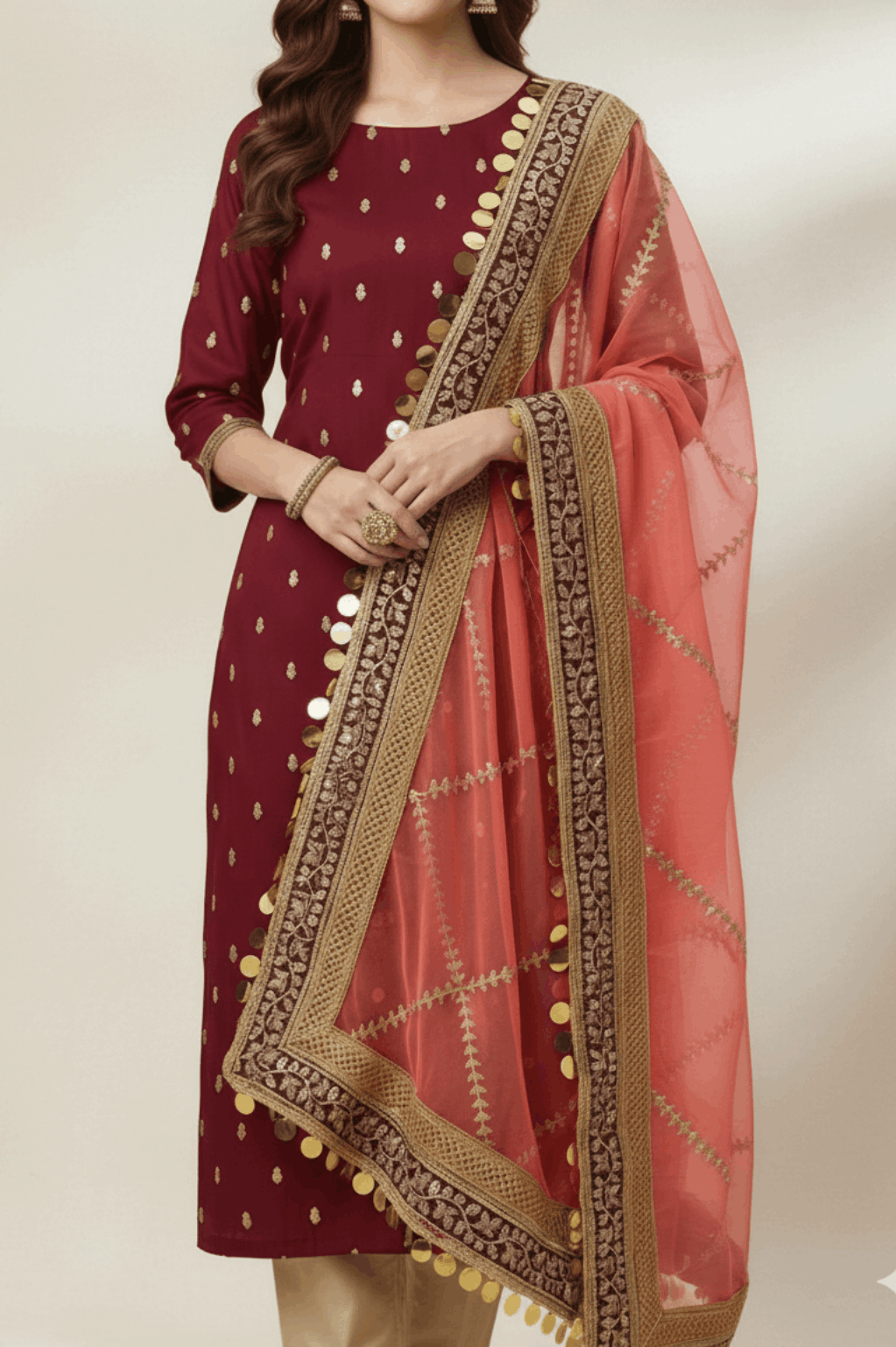 3pc Unstich Full Heavy Embroidered - T Pink Mehroon