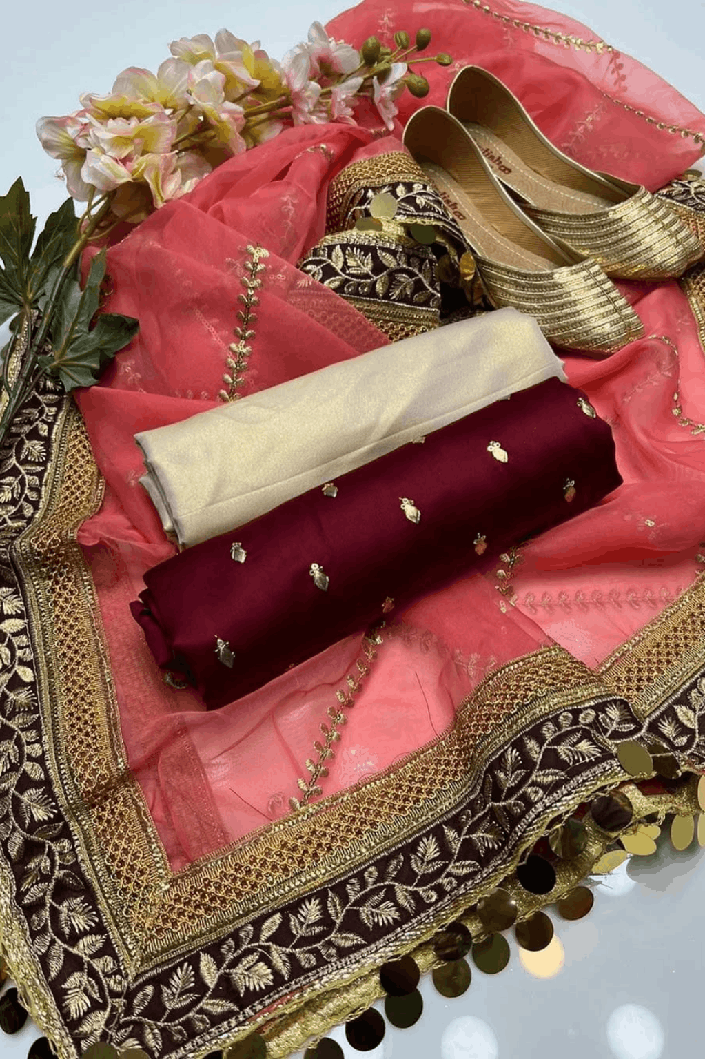 3pc Unstich Full Heavy Embroidered - T Pink Mehroon