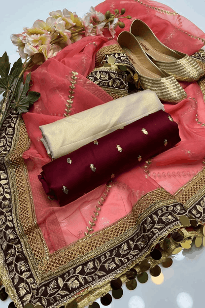 3pc Unstich Full Heavy Embroidered - T Pink Mehroon