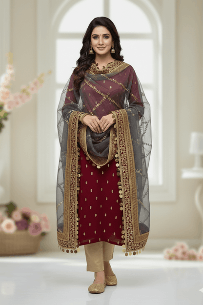 3pc Unstich Full Heavy Embroidered - Grey Mehroon