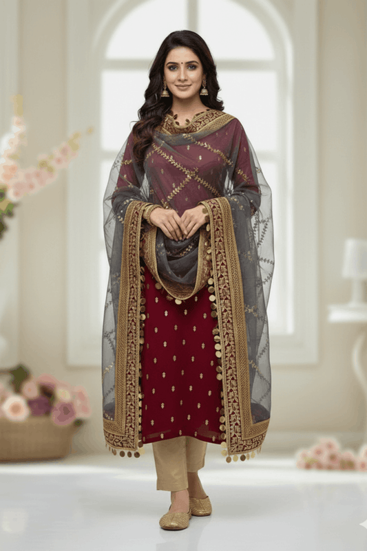 3pc Unstich Full Heavy Embroidered - Grey Mehroon