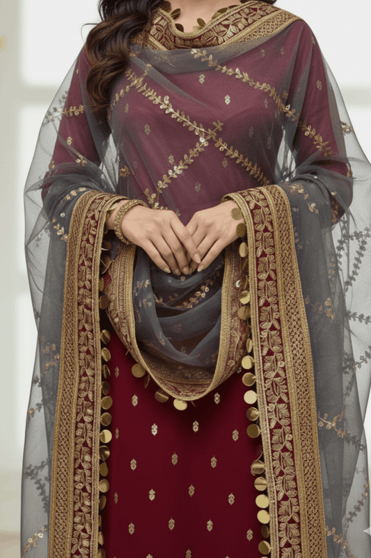 3pc Unstich Full Heavy Embroidered - Grey Mehroon
