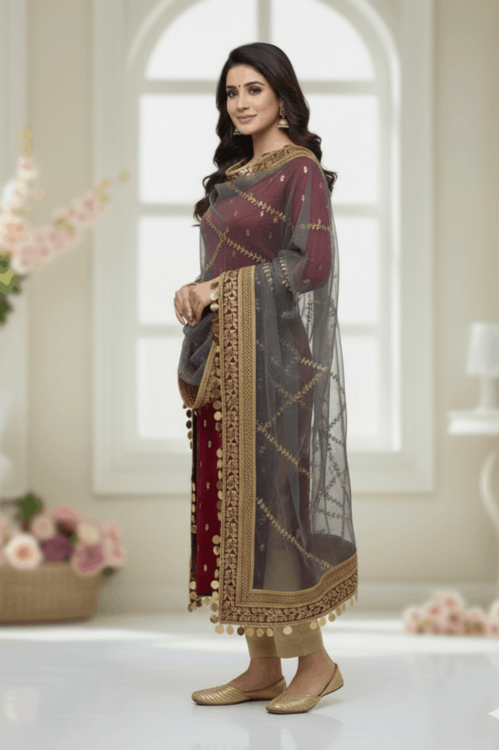 3pc Unstich Full Heavy Embroidered - Grey Mehroon