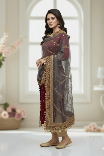 3pc Unstich Full Heavy Embroidered - Grey Mehroon